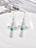 wholesale 925 Sterling Silver Heart-Shaped Emerald Green Stone Claddagh Cross Drop Earrings-0-1