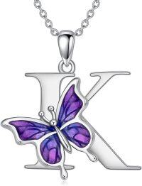 wholesale Sterling Silver Purple Butterfly A Z 26 Letters Pendant Necklace-Letter K-Letter K