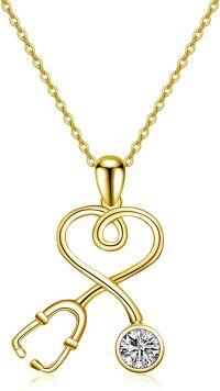 wholesale 14K Gold Simulated Birthstone Nurse Pendant Necklace Stethoscope Jewelry for Graduation-14K Gold - Clear