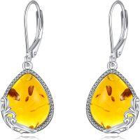 wholesale 925 Sterling Silver Amber Teardrop Drop Earrings with Leverbacks-O-Amber