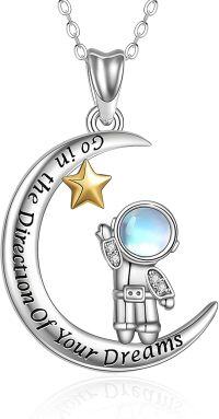 wholesale 925 Sterling Silver Moon Astronaut Pendant Necklace with Star and Blue Stone - Space Themed s for Her-A-Astronaut