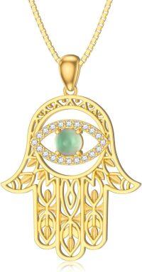 wholesale 18K Gold Plated Evil Eye Hamsa Necklace with Natural Gemstone-Emerald