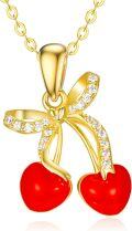 wholesale 925 Sterling Silver Gold Plated Cherry Red Enamel Bow Fruit Charm Pendant Necklace for Women Gifts-0-0