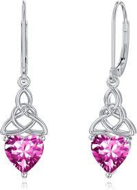 wholesale 925 Sterling Silver Heart Birthstone Celtic Knot Dangle Leverback Earrings-10-October