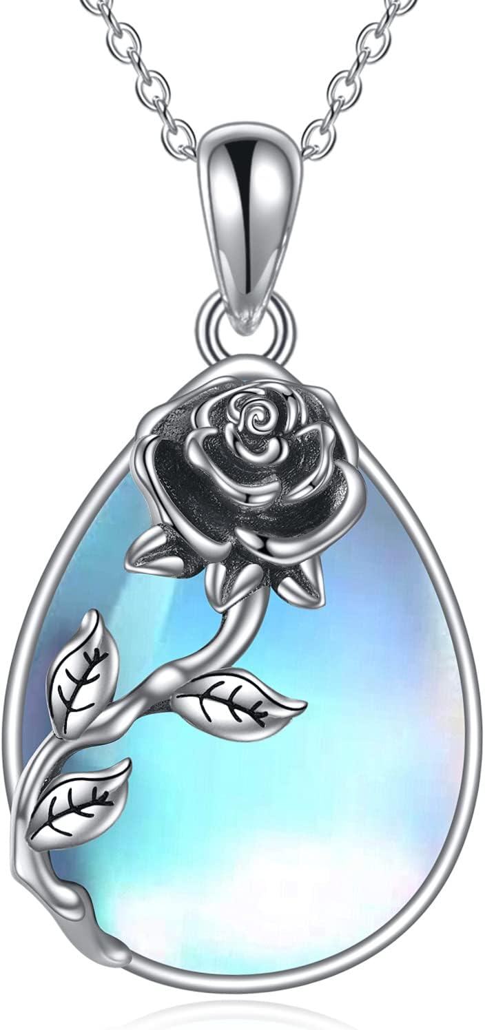 Sterling Silver Moonstone Filigree Teardrop Pendant Necklace for Women-F-Rose Flower Moonstone