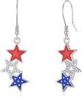 wholesale 925 Sterling Silver Red White Blue Trio Star Dangle Earrings – Patriotic American Flag Jewelry for Women-0-0