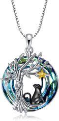 wholesale 925 Sterling Silver Cat & Tree of Life Blue Crystal Pendant Necklace-0-0