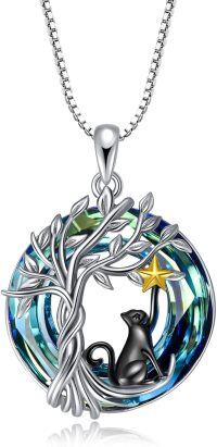 wholesale 925 Sterling Silver Cat & Tree of Life Blue Crystal Pendant Necklace-1-Crystal-Cat