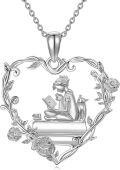 wholesale 925 Sterling Silver Heart-Shaped Rose Vine Reading Girl and Cat Pendant Necklace for Women-0-0