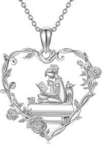 wholesale 925 Sterling Silver Heart-Shaped Rose Vine Reading Girl and Cat Pendant Necklace for Women-Book Lover-White