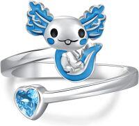 wholesale 925 Sterling Silver Blue Enamel Axolotl Heart-Shaped Stone Adjustable Ring Jewelry-Blue