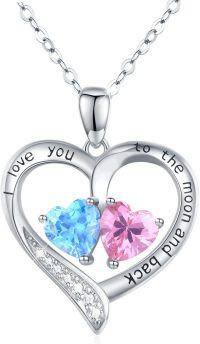wholesale 925 Sterling Silver Heart-Shaped Pendant with Blue & Pink Crystals Love You To The Moon And Back Necklace for Women-06-Heart Birthstone