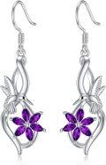 wholesale 925 Sterling Silver 925 Purple Crystal Hummingbird & Flower Dangle Drop Earrings-0-0