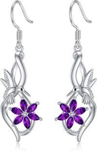 wholesale 925 Sterling Silver 925 Purple Crystal Hummingbird & Flower Dangle Drop Earrings-E-Hummingbird-E02-Hummingbird