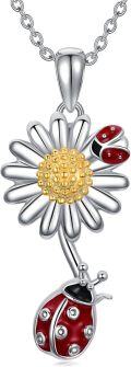 wholesale 925 Sterling Silver Daisy Flower & Ladybug Pendant Necklace for Women-0-0