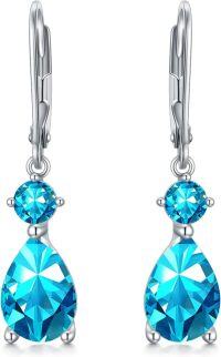 wholesale 925 Sterling Silver Clear Birthstone Dangle Leverback Earrings for Women-12-December-Aquamarine