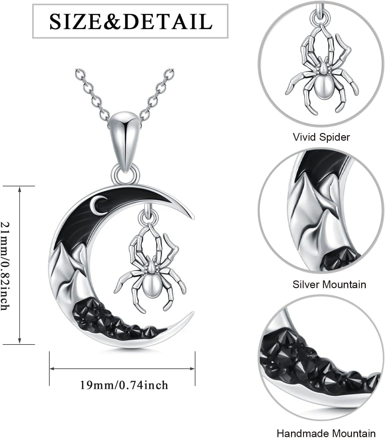 925 Sterling Silver Crescent Moon & Spider Necklace Pendant for Women Girls Gifts Jewelry Accessories 48cm Chain Length-0-1
