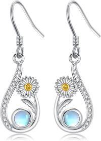 wholesale 925 Sterling Silver Teardrop Daisy Flower Drop Earrings with Moonstone and CZ Stones-Daisy Earrings