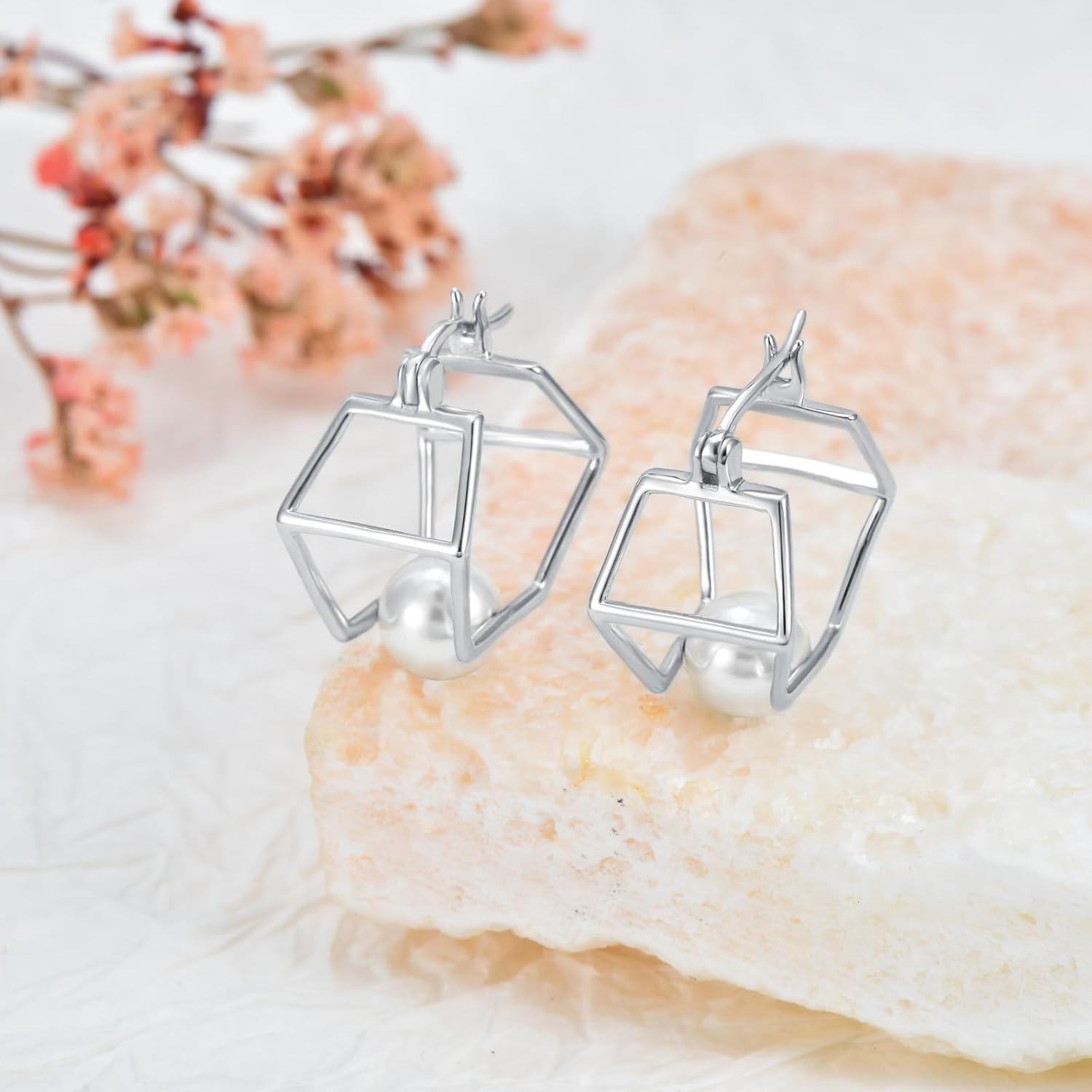 Sterling Silver Hexagon Pearl Hoop Earrings for Women Girls-0-3