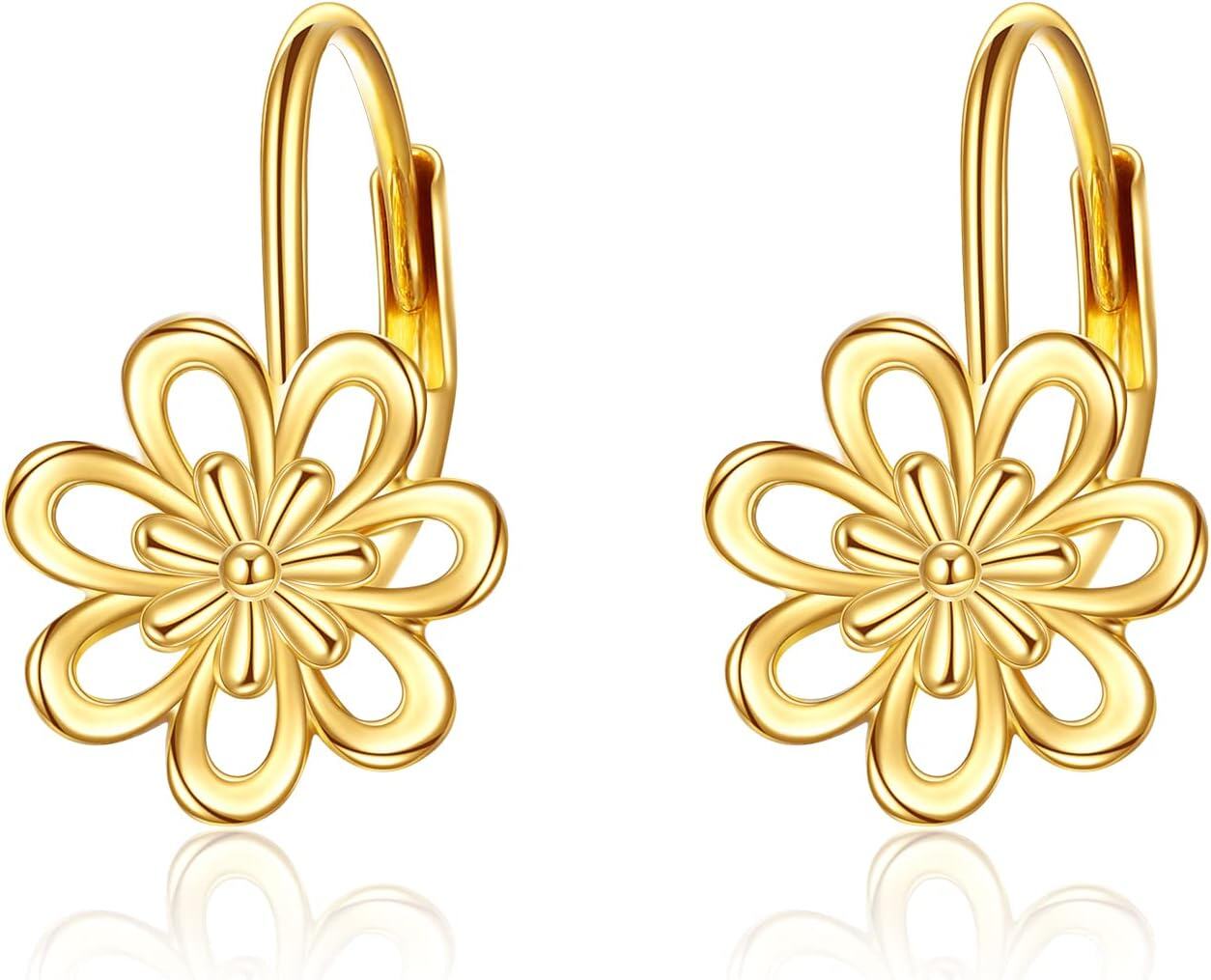 14K Yellow Gold Daisy Flower Leverback Dangle Hoop Earrings Jewelry for Women Teens Girls Christmas Birthday Gifts-0-0
