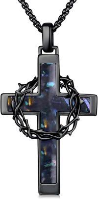 wholesale Sterling Silver Cross Necklace with Crown of Thorns Pendant Catholic Jewelry for Men Women-Black Cross Abalone