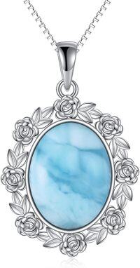 wholesale 925 Sterling Silver Oval Larimar Flower Pendant Necklace with Chain 45cm Length-Larimar A