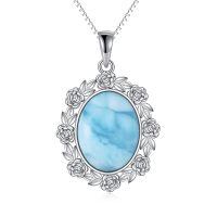 wholesale 925 Sterling Silver Pendant Necklace Oval Larimar Rose Flower Platinum Plated-Larimar A