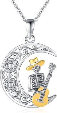 wholesale 925 Sterling Silver Crescent Moon Guitar Skeleton Pendant Necklace - Gothic s-Guitar