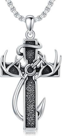 wholesale Sterling Silver Deer Antler Cross Necklace for Men Hunting Jewelry Gift-2-00-Larger Cross Antler Fish Hook