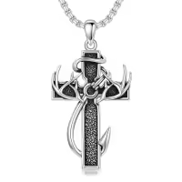 wholesale 925 Sterling Silver Black Enamel Deer Antlers Cross Pendant Necklace with Stainless steel chain for Men -2-00-Larger Cross Antler Fish Hook