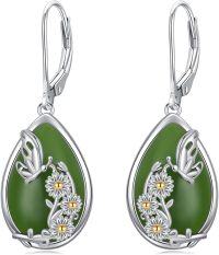 wholesale 14K Gold Plated Sterling Silver Round Natural Jade Earrings for Women-D-Butterfly-White Gold