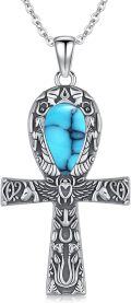 wholesale 925 Sterling Silver Turquoise Cross Pendant Necklace Ancient Egypt Charm Jewelry for Women Men Gifts 43cm Chain Length-0-0