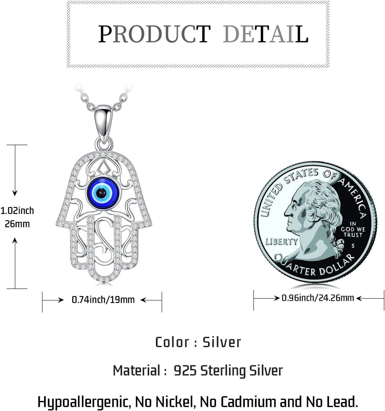 Sterling Silver Lotus Evil Eye Hamsa Necklace Hand of Fatima Pendant Jewelry for Women-0-3