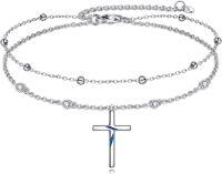 wholesale 925 Sterling Silver Blue Crystal Cross Charm Layered Ankle Anklet for Women Girls-Elegant cross anklet