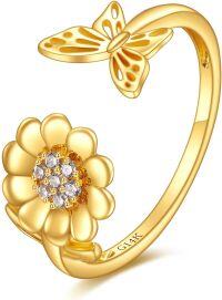 wholesale 14K Gold Adjustable Sunflower Open Ring Jewelry Gift for Women Her-Butterfly