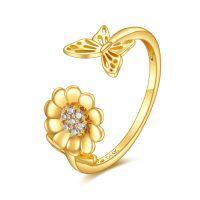 wholesale 14K Gold Adjustable Bee and Daisy Flower Open Ring  for Women Her-Butterfly