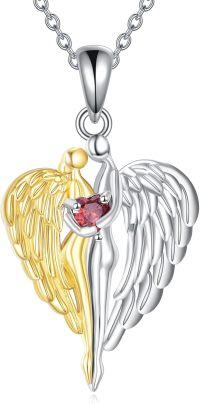 wholesale 925 Sterling Silver Angel Wings & Red Crystal Heart Pendant Necklace - Memorial Sympathy Jewelry for Women-Guardian Angel Wings Heart Necklace