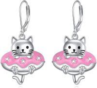 wholesale 925 Sterling Silver Cat Earrings with Pink Enamel and Stars Leverback Moonstone s for Women-cat
