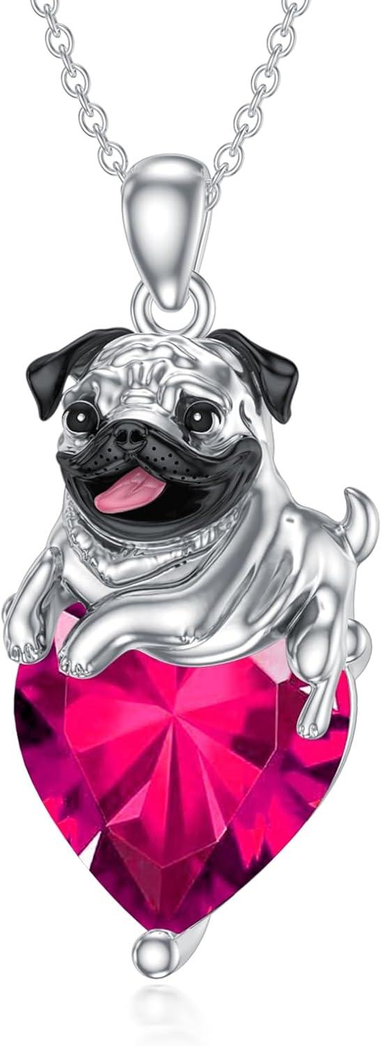 Sterling Silver Birthstone Pug Necklace for Women Dog Lovers-07-Jul-Ruby