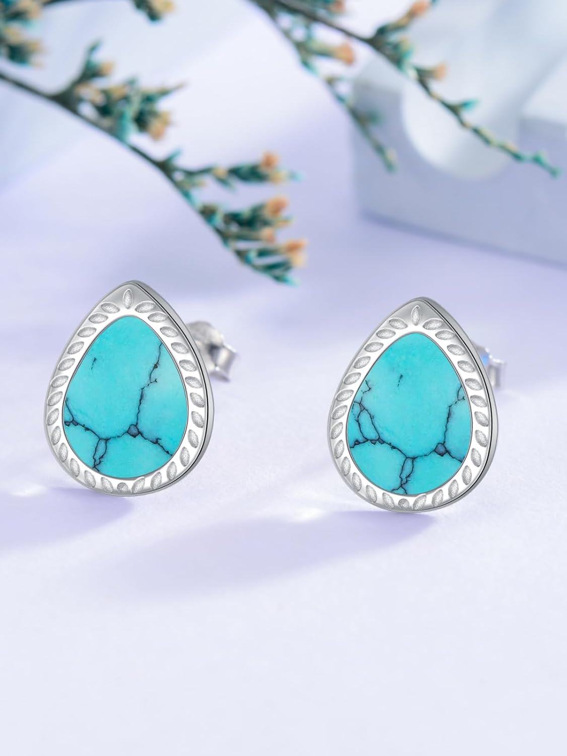 925 Sterling Silver Natural Turquoise Tear Drop Stud Earrings-0-3