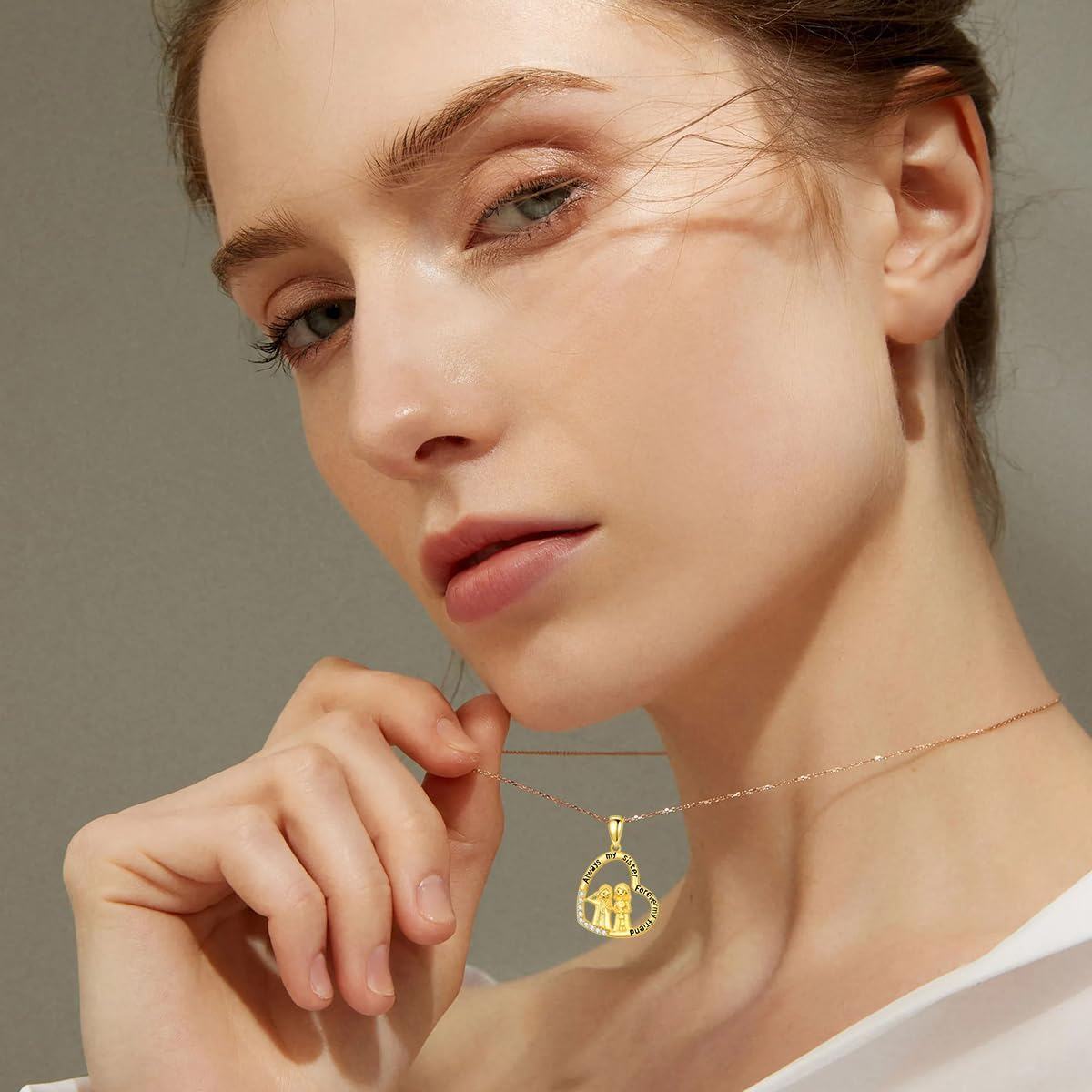 wholesale 14K Gold Heart Pendant Necklace with Sisters and Sunflower Charm for Mom or Daughter - Mothers Day s-0-3