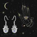 wholesale 925 Sterling Silver Hamsa Hand Evil Eye Dangle Earrings with Blue Crystal Accent-0-1