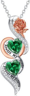 wholesale TOUPOP Sister Birthday Gifts From Sister Always My Sister Forever My Friend Jewelry 925 Sterling Silver May Birthstone Necklace Emerald Necklace With Rose Flower Birthday Gifts For Sisters -0-0