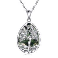wholesale 925 Sterling Silver Green Agate Teardrop Tree of Life Pendant Necklace for Women-Tree of life-Moss Agate