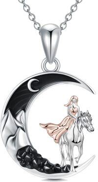 wholesale 925 Sterling Silver Crescent Moon Fairy Riding Horse Necklace Pendant-Horse