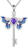 wholesale 925 Sterling Silver Purple Crystal Heart Butterfly Key Pendant Necklace-0-0