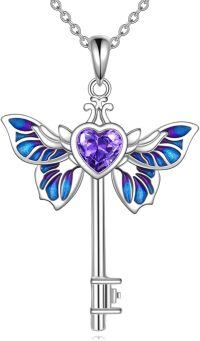 wholesale 925 Sterling Silver Purple Crystal Heart Butterfly Key Pendant Necklace-Butterfly
