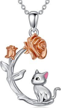 wholesale 925 Sterling Silver Rose & Cat Charm Pendant Necklace - Cute Animal  for Women-Cat and Rose Necklace