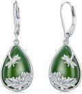 wholesale 925 Sterling Silver 925 Green Jade Teardrop Dangle Earrings with Lotus Flower Design for Women-0-0