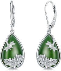 wholesale 925 Sterling Silver 925 Green Jade Teardrop Dangle Earrings with Lotus Flower Design for Women-D-Dragonfly-Green Jade-White Gold